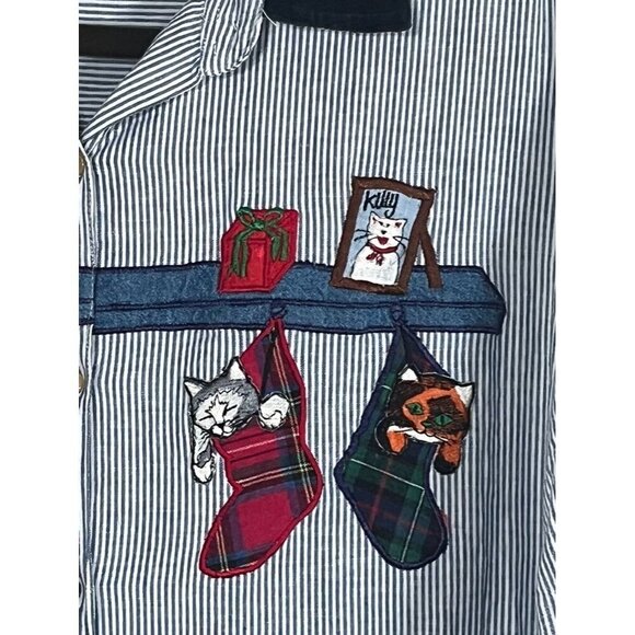 Christmas Striped Shirt L Cat Embroidery Festive Holiday Preppy Classic Retro - Picture 3 of 14